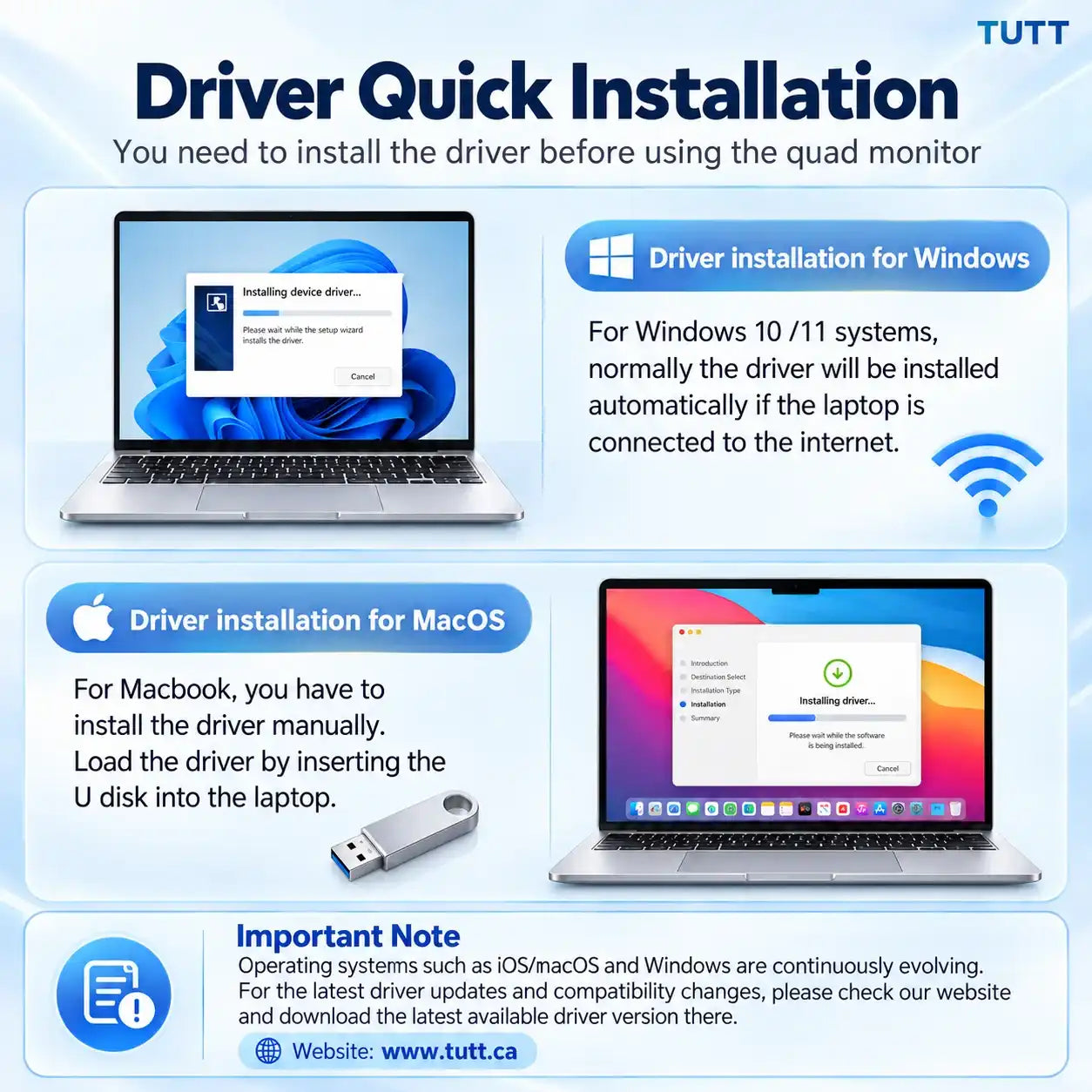 TUTT™ quad laptop screen extender driver installation guide for Windows and macOS systems.