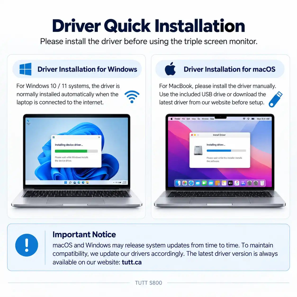 TUTT™ laptop screen extender driver installation guide for Windows and macOS productivity setups.