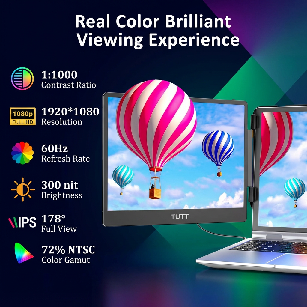 TUTT 14” Single Portable Monitor, Dual Screen Extender, Built-in Stand and Speakers, All Devices, S1