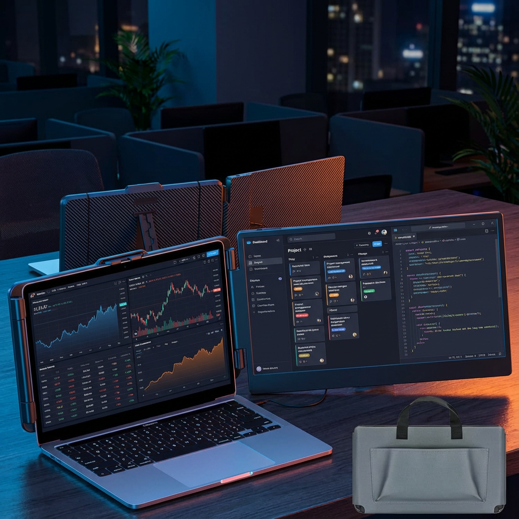 TUTT S1 portable laptop monitor screen extender, 14-inch FHD 1080p IPS, dual display setup, built-in stand and speakers, for 13-17 inch laptops, shown with dimensions and key features. TUTT