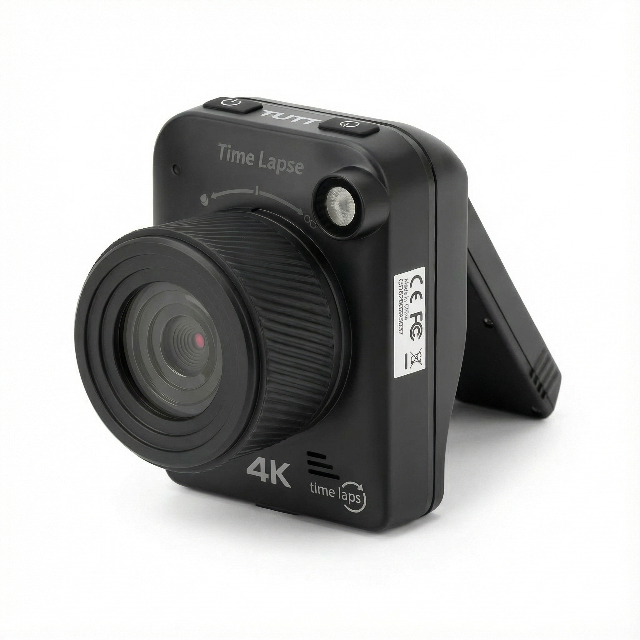 Compact 4K time lapse digital camera with smooth black body and adjustable stand, TUTT