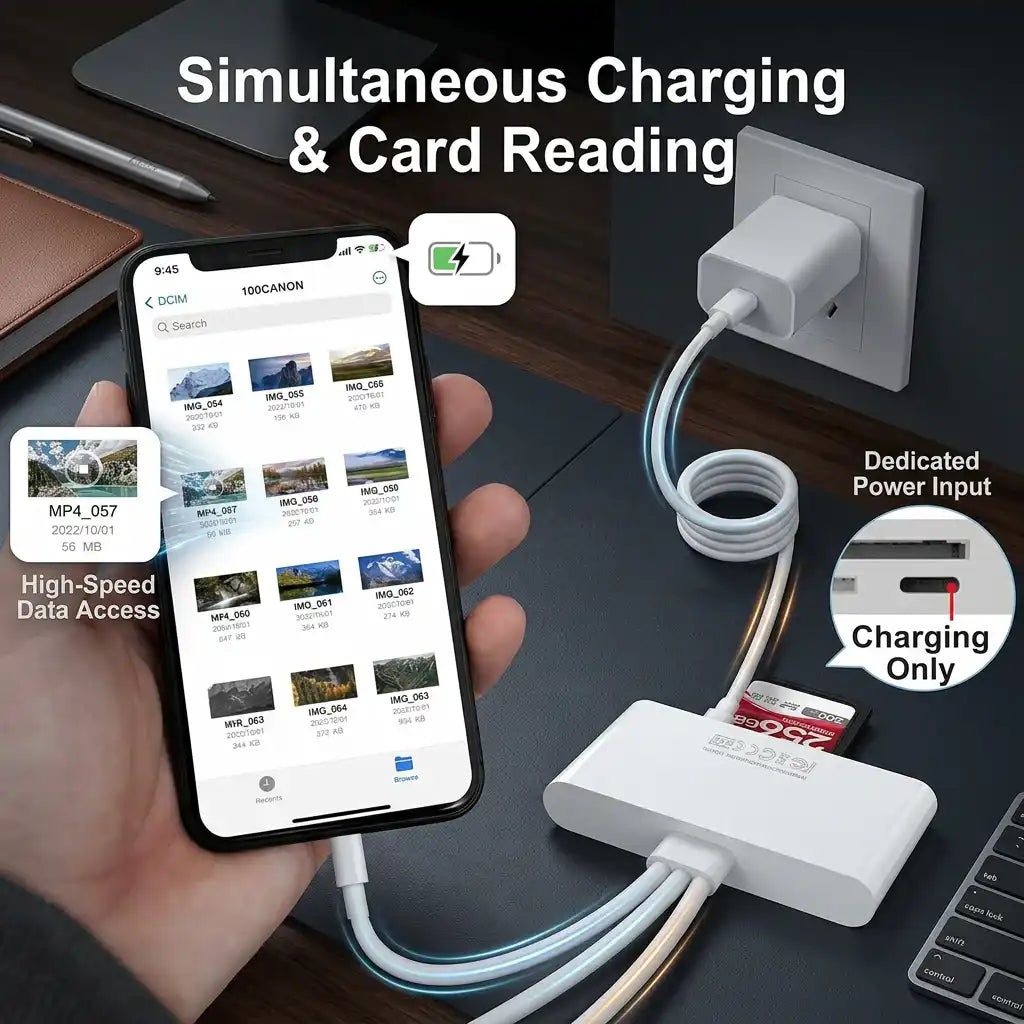 Person using card reader hub for simultaneous charging and high-speed data transfer TUTT