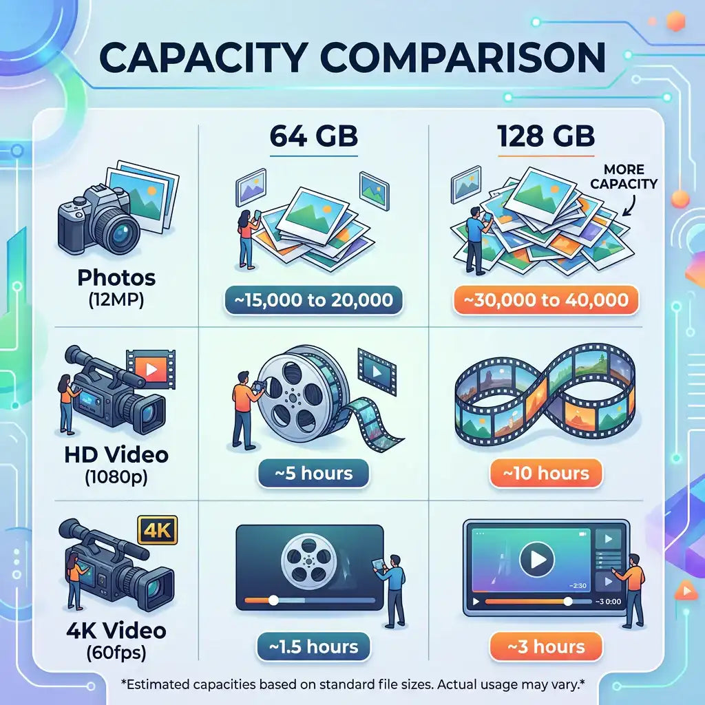 Capacity comparison chart for 64GB vs 128GB storage showing photo, HD video, and 4K video capacity. TUTT