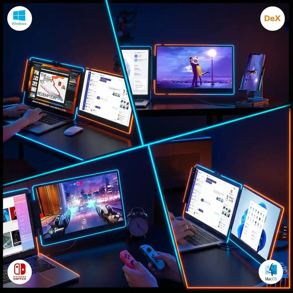 TUTT S1 portable laptop monitor extender with 14-inch FHD screen, 180° rotation, built-in stand, speakers, and three Type-C ports, shown attached to a laptop. TUTT