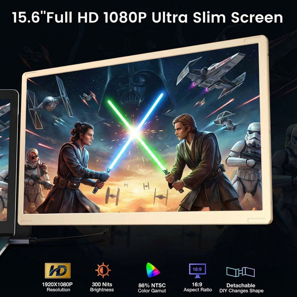 TUTT 15.6” FHD Portable Monitor – S6 Triple Screen Extender, USB-C/HDMI, 7 Viewing Modes | All Devices Compatible with Converter Cable (H5 Included)