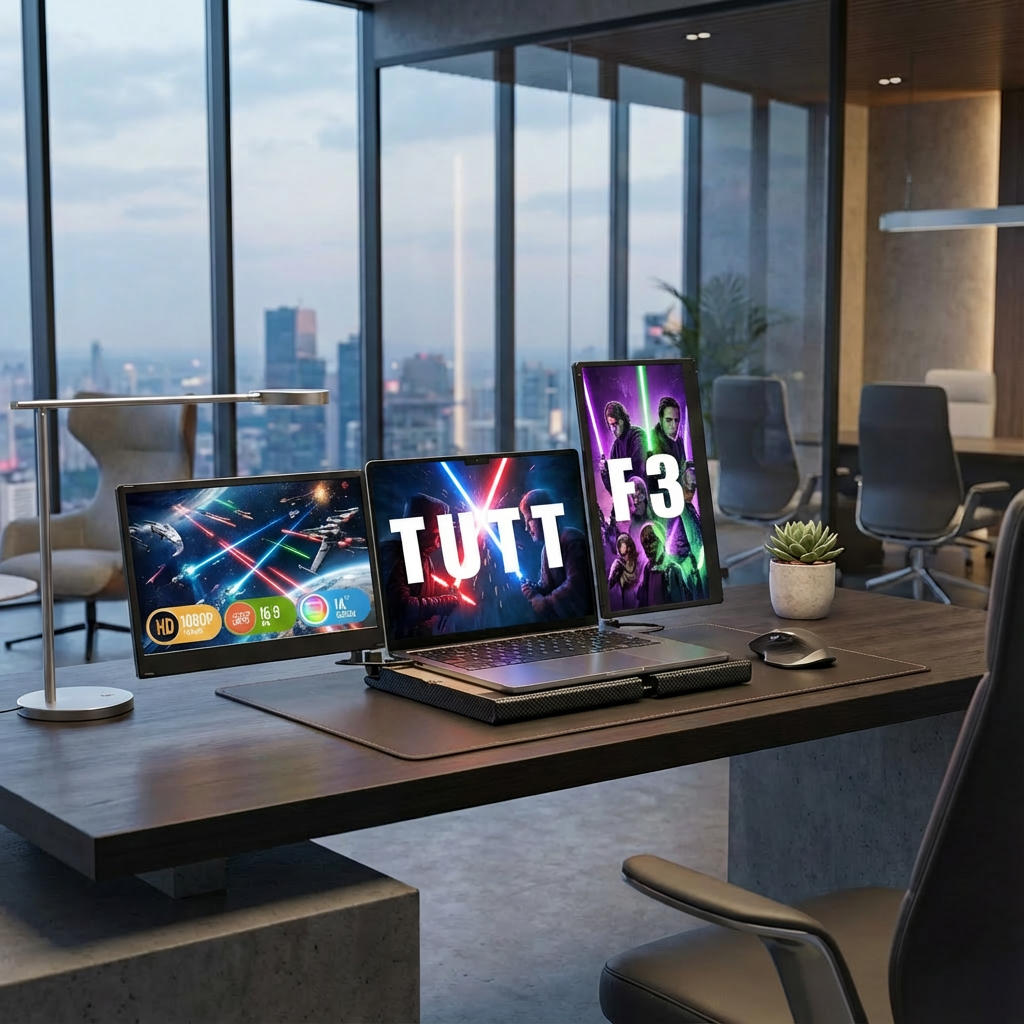 TUTT 14'' Portable Monitor | Laptop Base | 360° Rotation Stand, Multi-Position | F3 Built-In Speaker | All Devices Compatible (H5 Converter Cable Included)