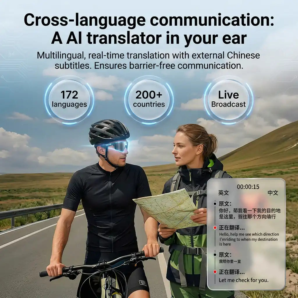 TUTT™ AI glasses enabling real-time cross-language translation for travelers on a scenic road, supporting 172 languages and live broadcast