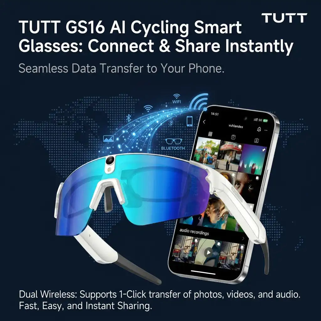 TUTT GS16 AI Cycling Smart Glasses with seamless wireless photo, video, and audio sharing to your phone for on-the-go connectivity.