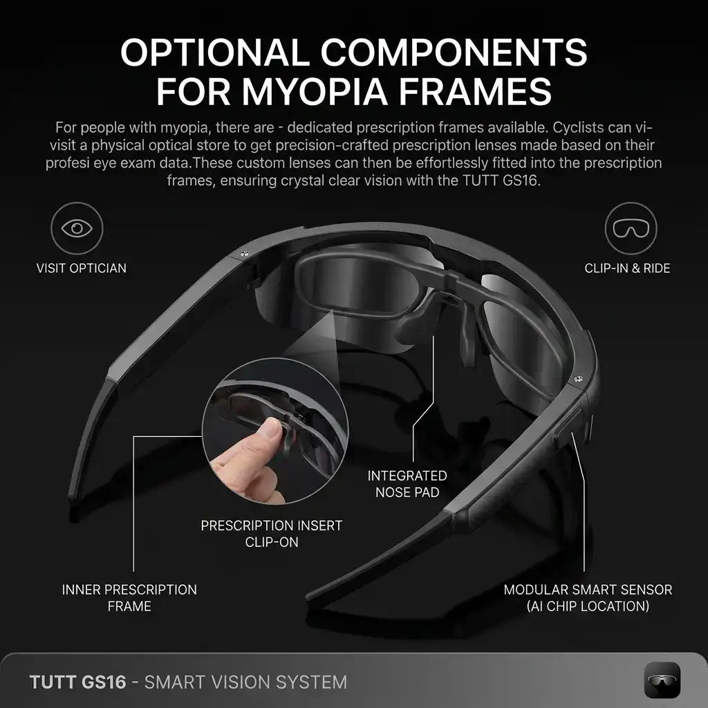 TUTT GS16 AI glasses with modular smart sensor and prescription insert clip-on for myopia support
