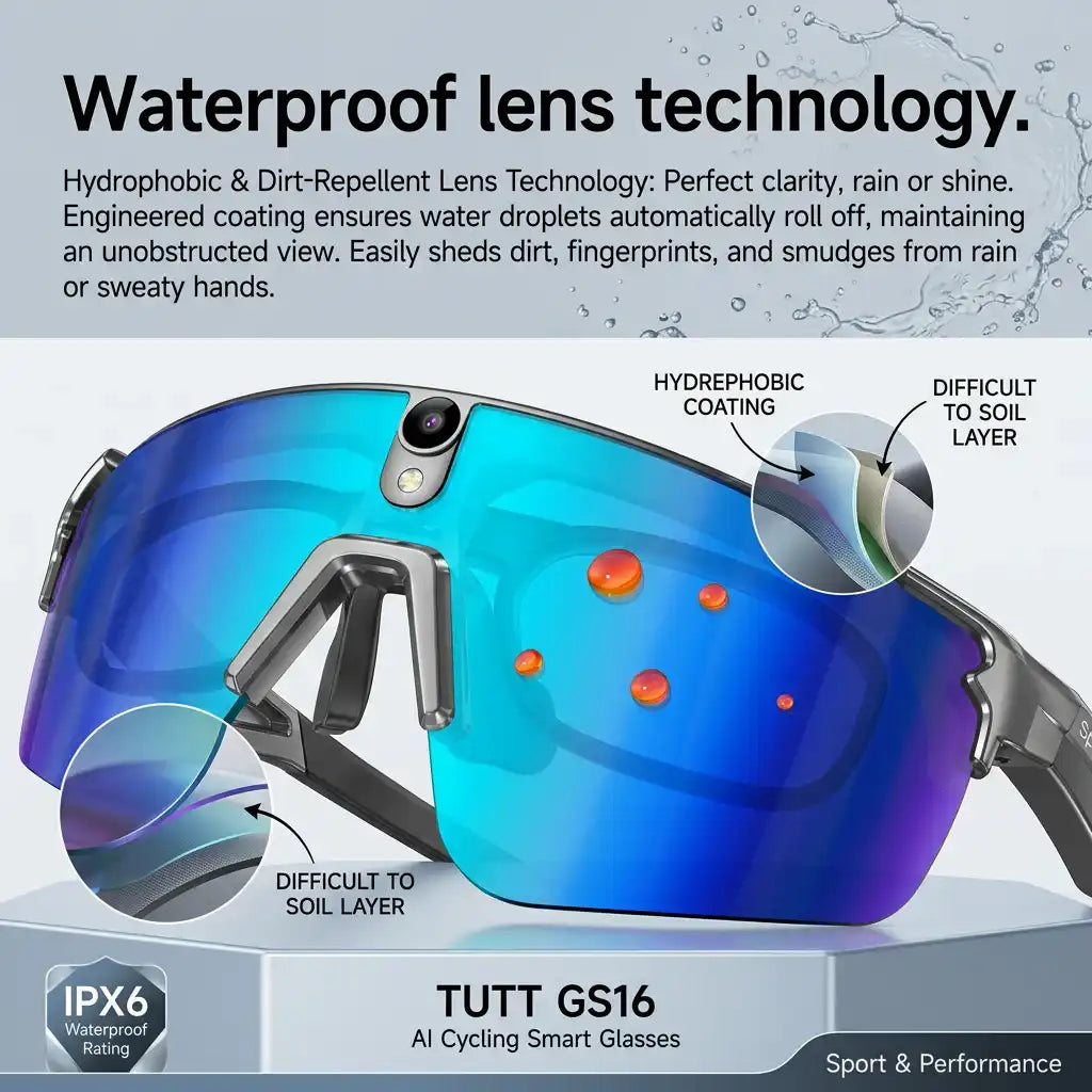 TUTT GS16 AI Cycling Smart Glasses with waterproof IPX6 rating and hydrophobic lens tech for clear vision in rain or shine