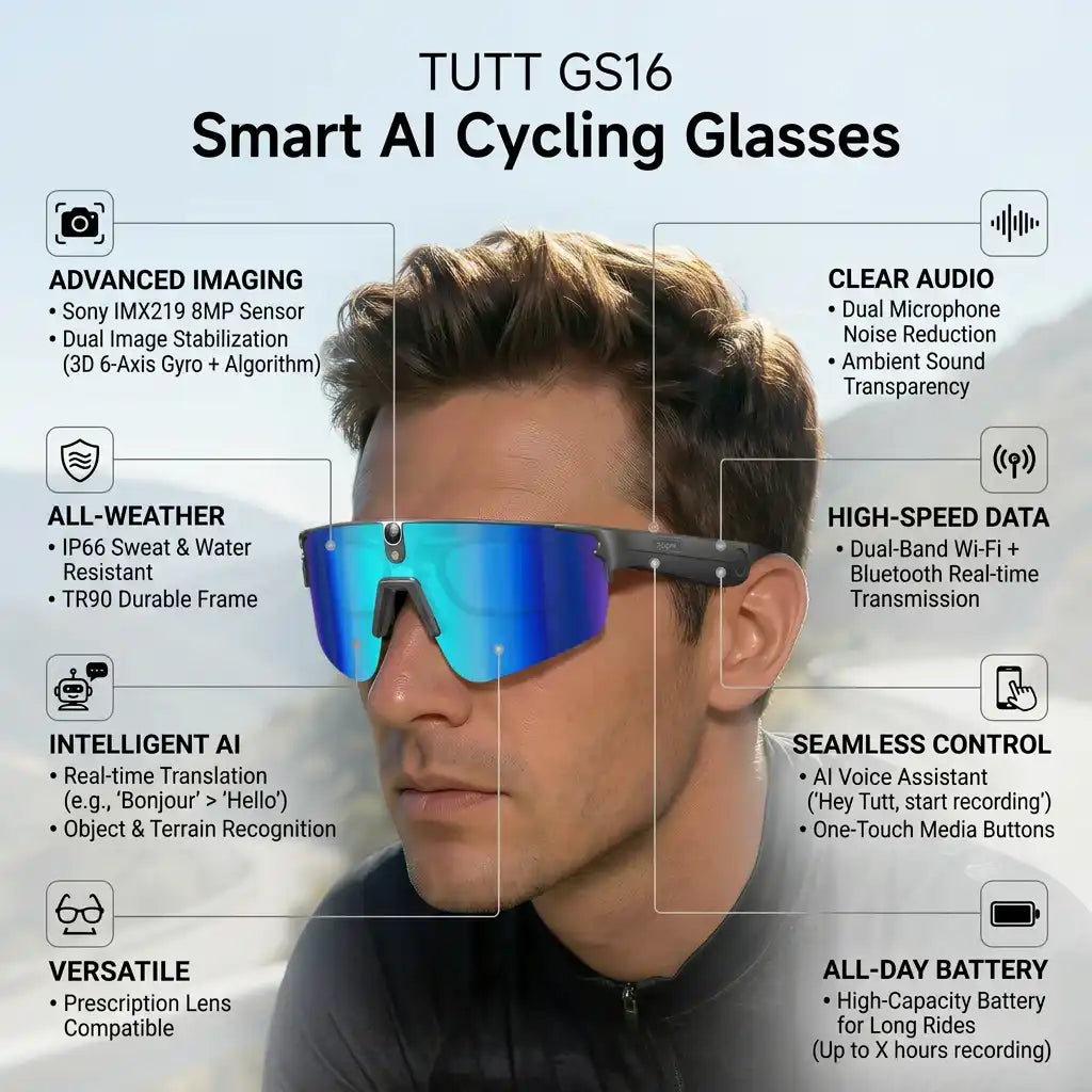 TUTT GS16 Smart AI Cycling Glasses with advanced imaging, clear audio, and all-day battery for outdoor rides