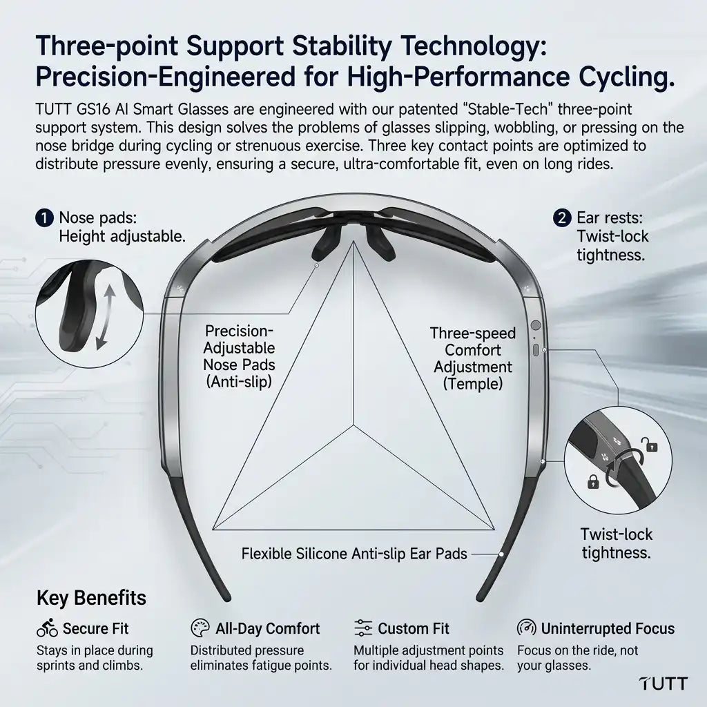 TUTT GS16 AI Smart Glasses with three-point stability tech for cycling, featuring adjustable nose pads and twist-lock ear rests for secure, comfortable fit.