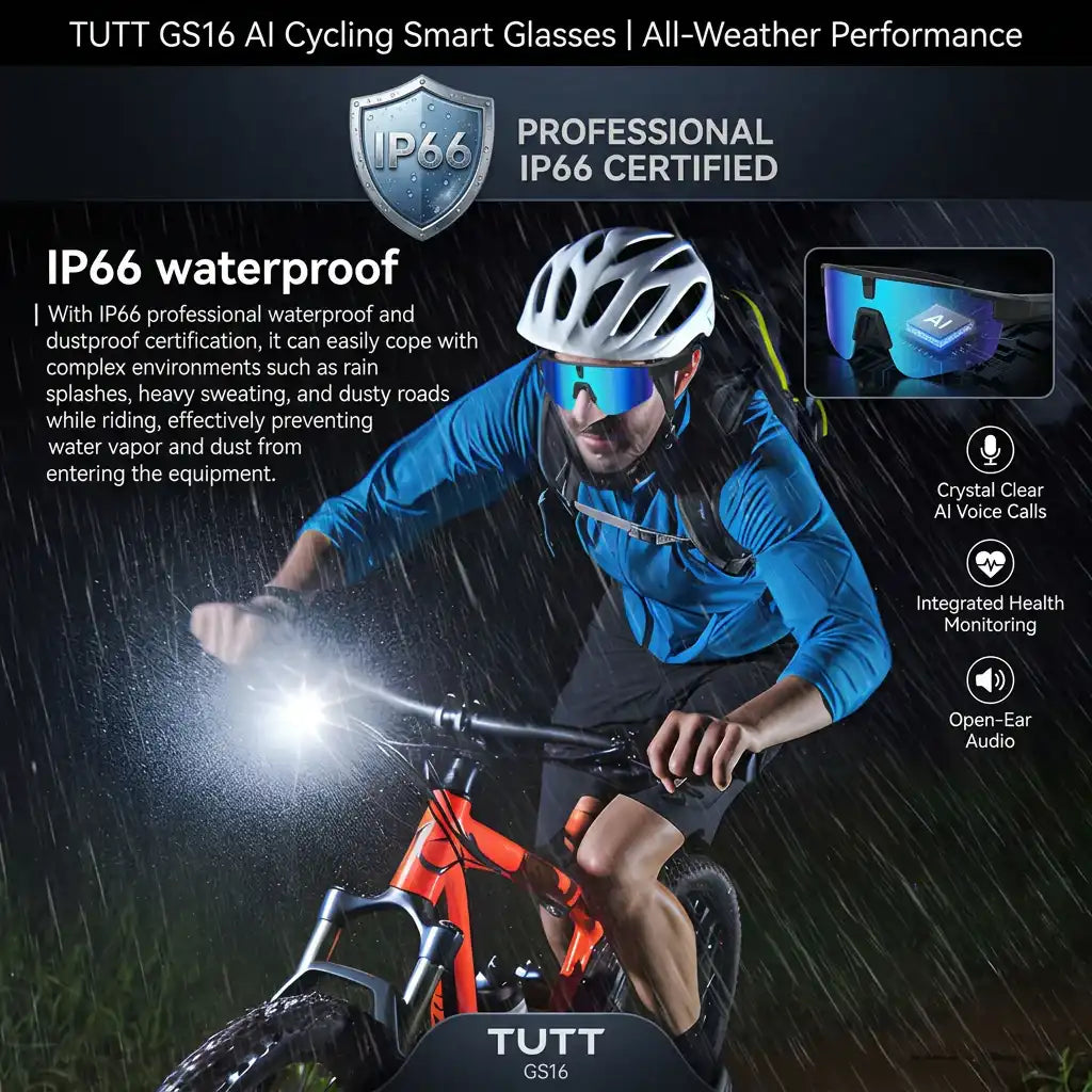 TUTT GS16 AI Cycling Smart Glasses with IP66 waterproof rating, worn by cyclist in rain for all-weather performance and open-ear audio