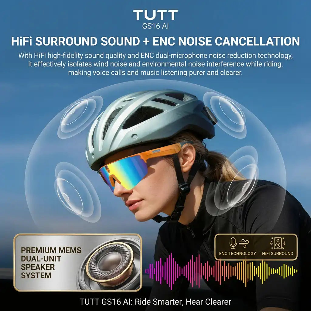 TUTT GS16 AI glasses with HiFi surround sound and ENC noise cancellation, worn while cycling for clearer audio on the go
