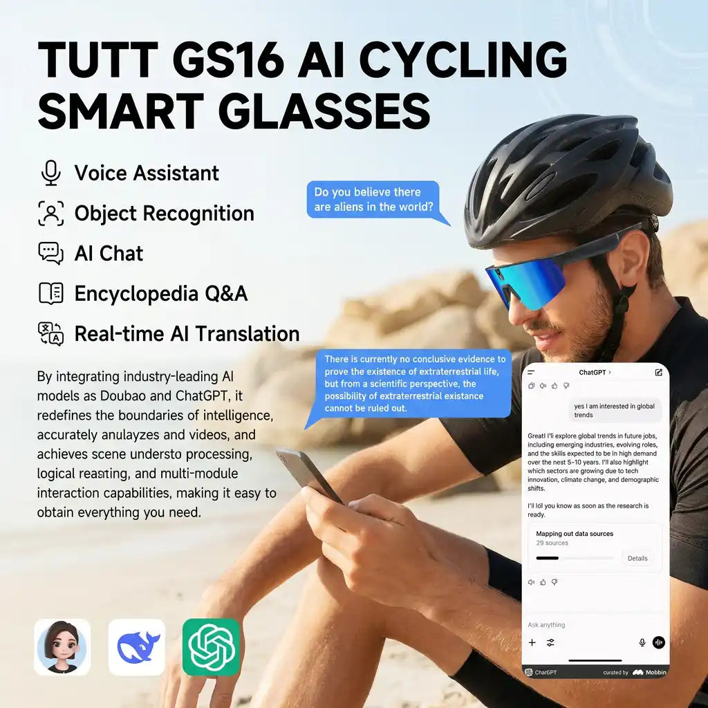 TUTT™ GS16 AI Cycling Smart Glasses with voice assistant and real-time translation, worn by cyclist on beach for hands-free productivity.