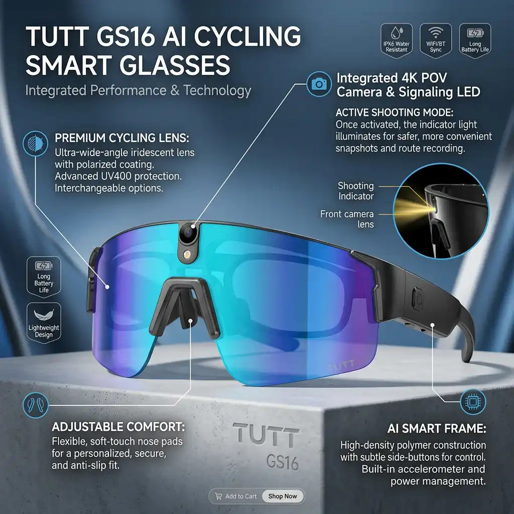 TUTT GS16 AI cycling smart glasses with 4K POV camera, polarized lenses, and lightweight frame for outdoor performance