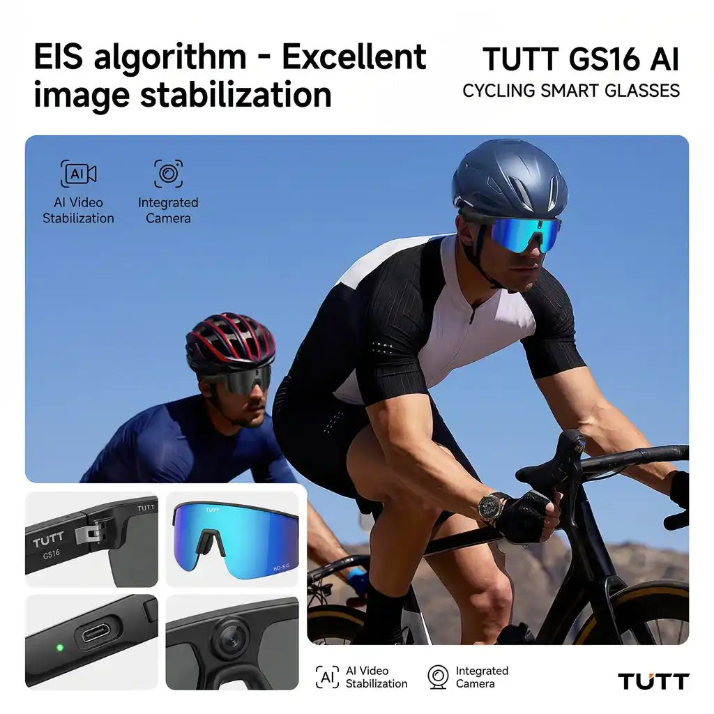 TUTT GS16 AI cycling smart glasses with EIS stabilization, worn by cyclist for clear video capture on the road