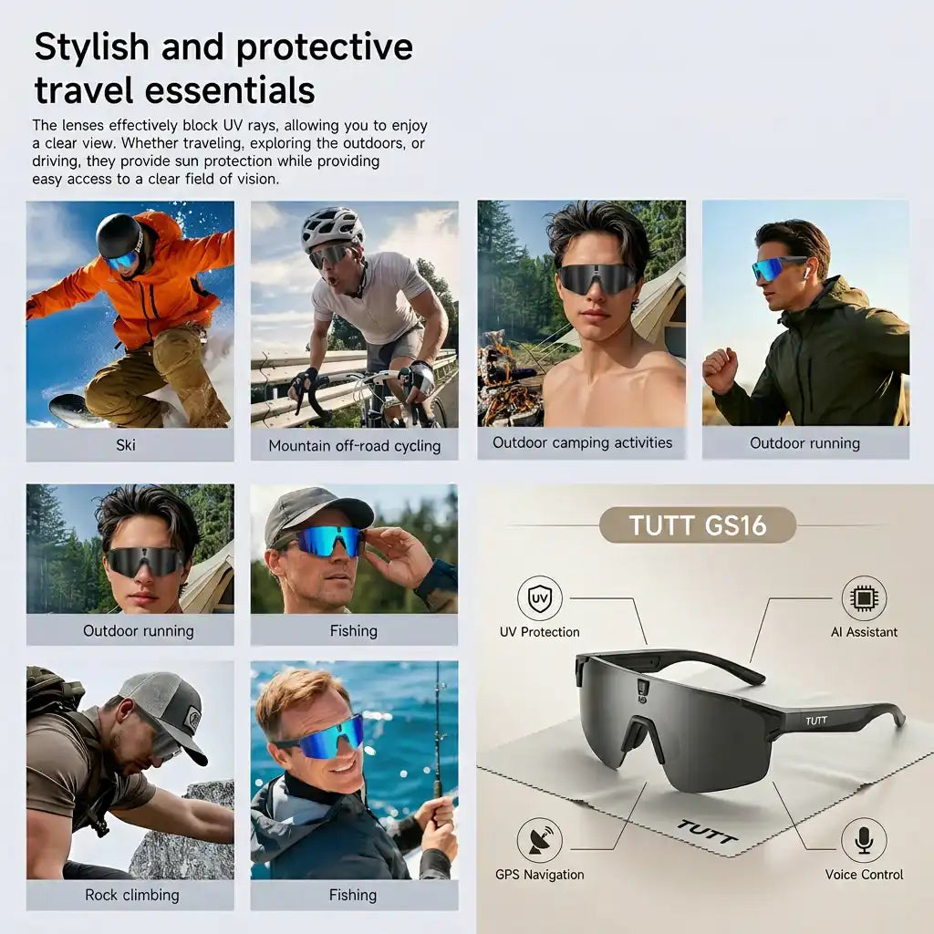TUTT GS16 AI glasses with UV protection, GPS navigation, and voice control for skiing, cycling, camping, and outdoor adventures