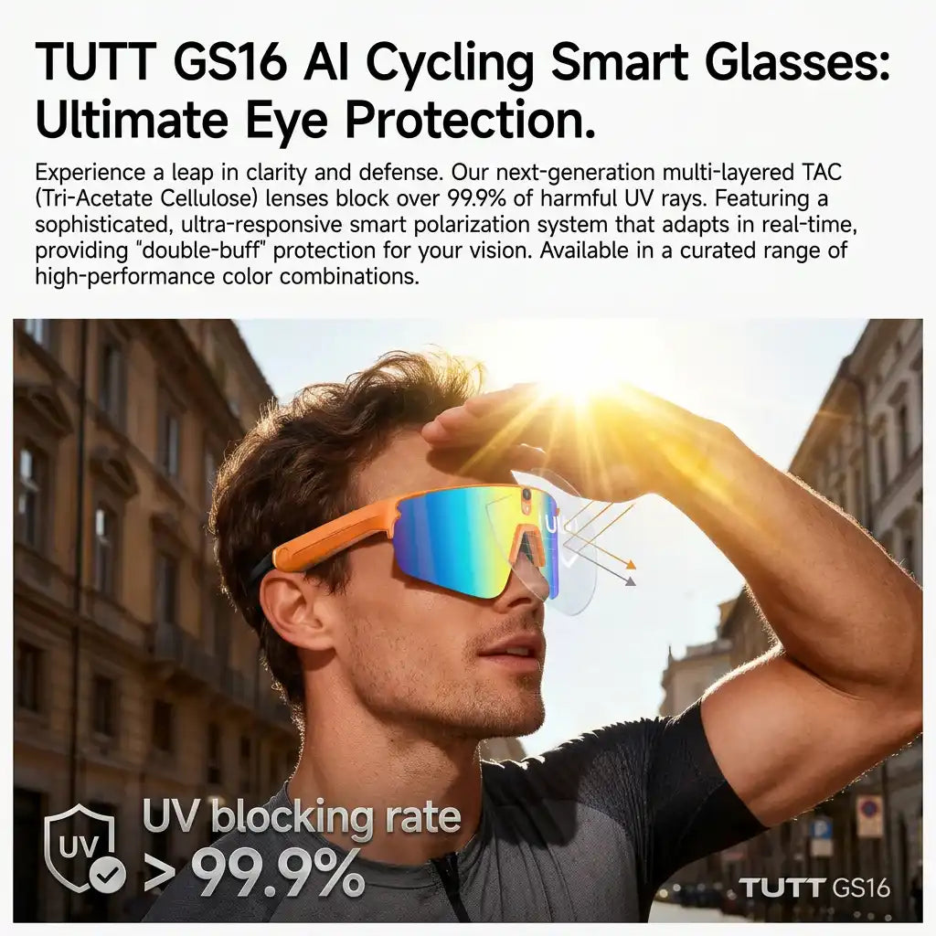 TUTT GS16 AI Cycling Smart Glasses with UV-blocking lenses, worn by cyclist shielding eyes from sun, ideal for outdoor rides and eye protection.