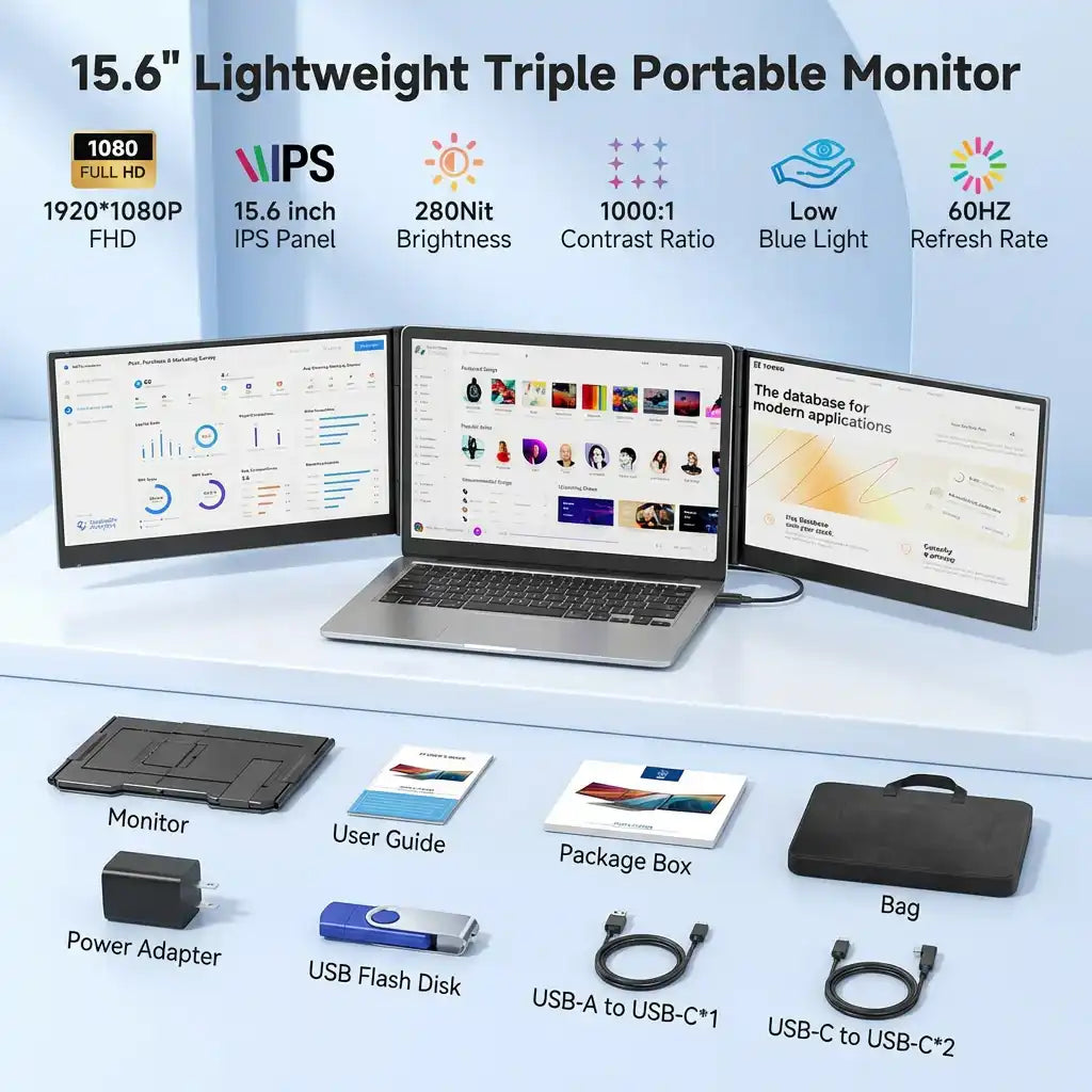 TUTT P7 PRO 15.6″ Triple Screen Portable Monitor | Single Cable Setup