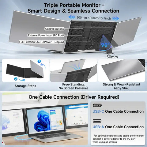 TUTT P7 PRO 15.6″ Triple Screen Portable Monitor | Single Cable Setup