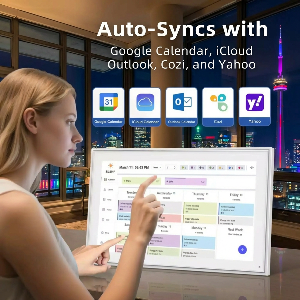 Woman using a digital calendar on a large screen with sync capabilities displayed.