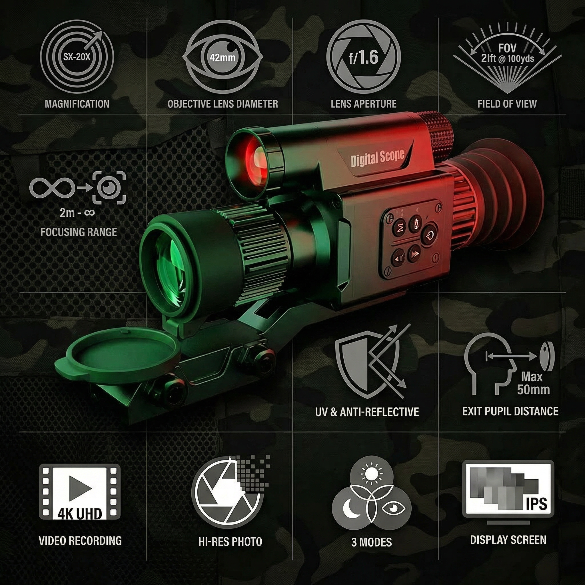 TUTT X7 Digital Night Vision Scope, 5-20X Magnification, 4K Video Recording, IP56 Waterproof, Built-in Electronic Stabilization