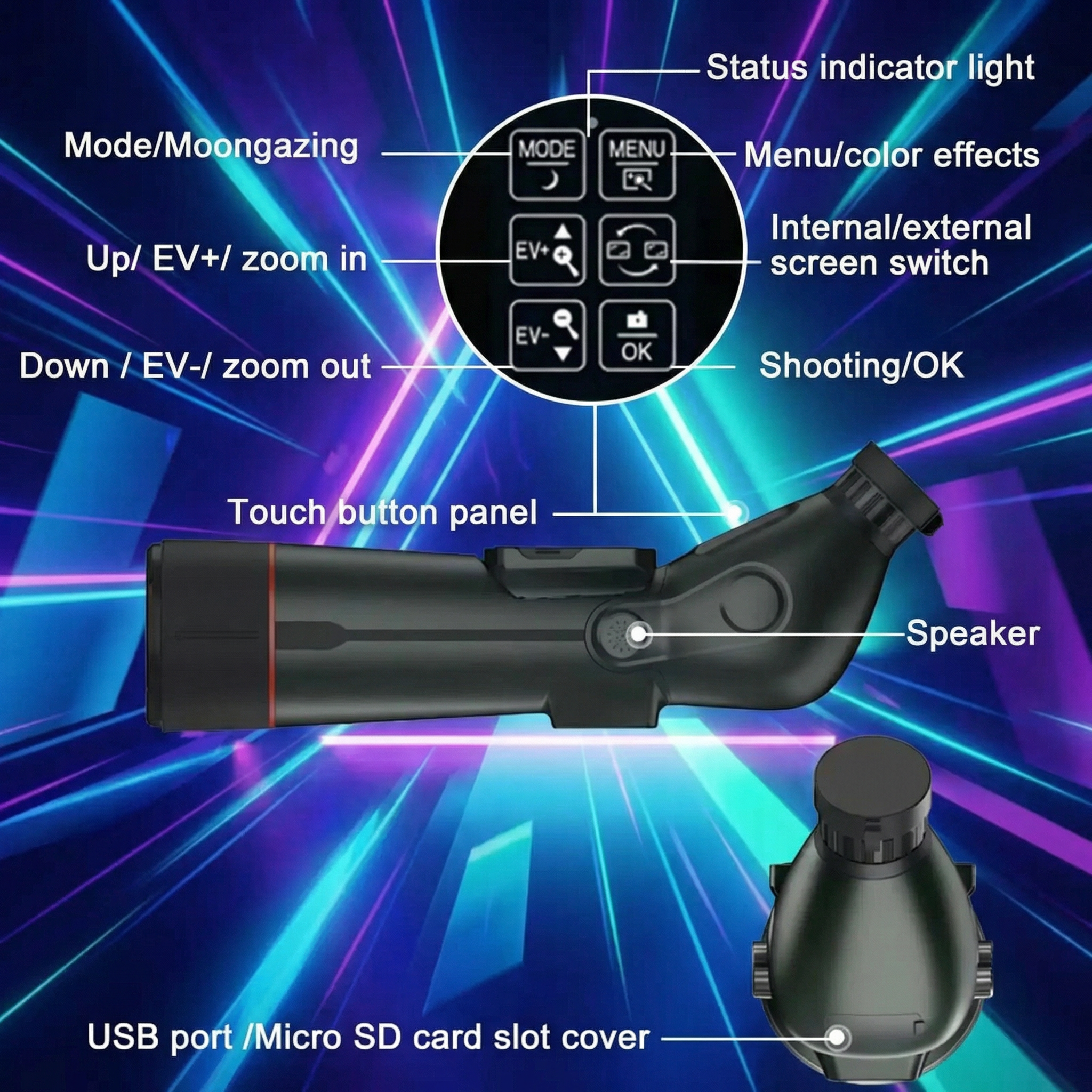 TUTT 350x , 4K Recording Telescope, Spotting Scope | External Screen & Night Vision | 30MP HD microSD IP54 Waterproof Star0ne