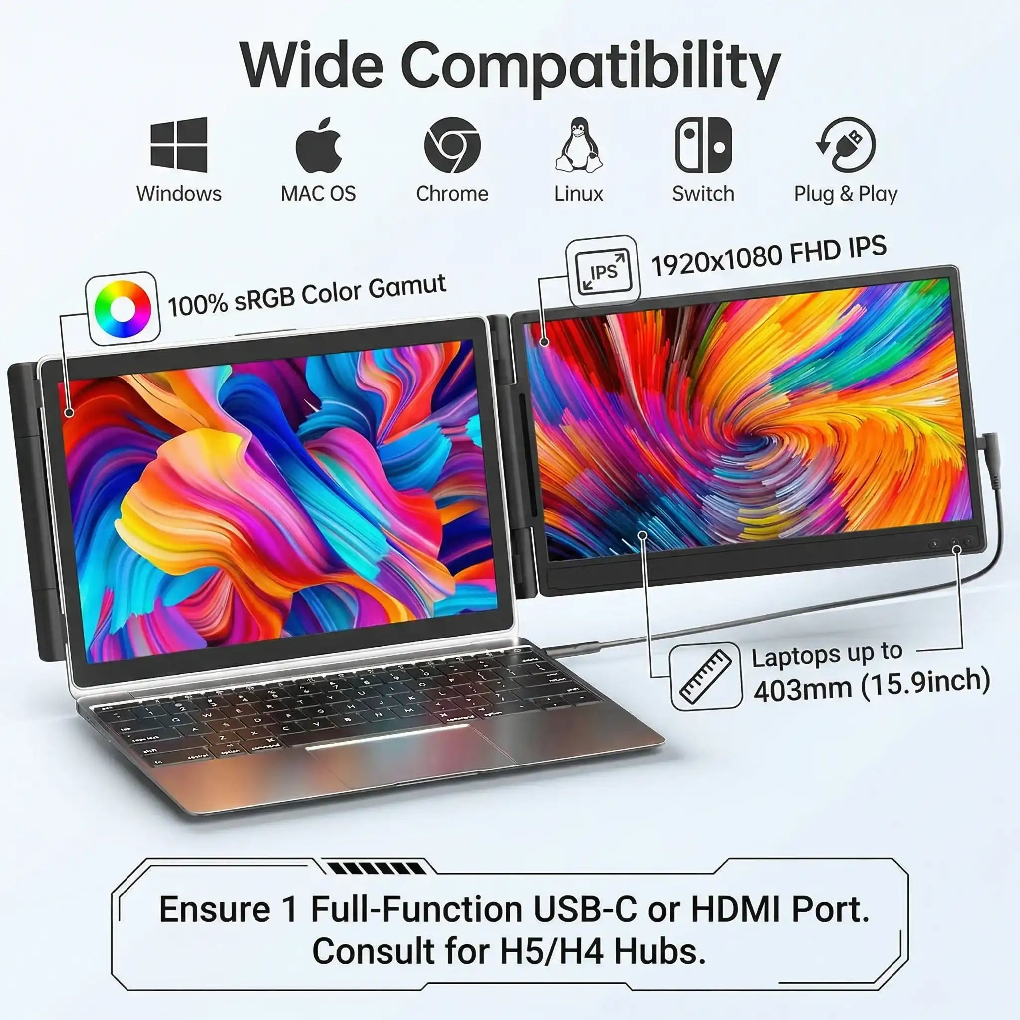 TUTT 14” Laptop Screen Extender – Dual FHD 1080P IPS Portable Monitor for Laptops (13”–17”) P6