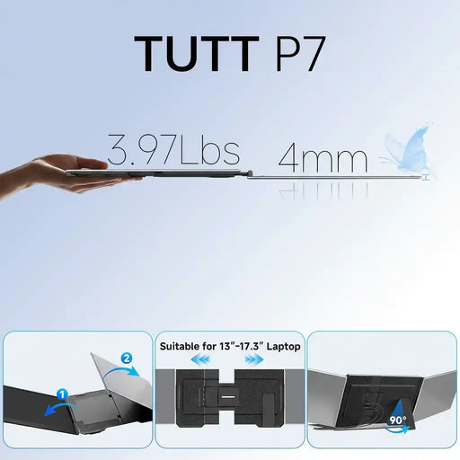 TUTT P7 ultra-thin portable monitor, 3.97 lbs, 4mm thick, fits 13-17.3 inch laptops, adjustable stand. TUTT