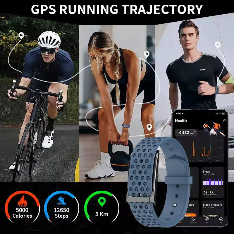 Collage of athletes using a fitness smartwatch with GPS running, step count, and health app stats, TUTT
