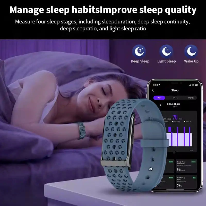 Woman sleeping with a smart fitness tracker bracelet, sleep tracking app on smartphone, focus on wearable sleep monitor. TUTT