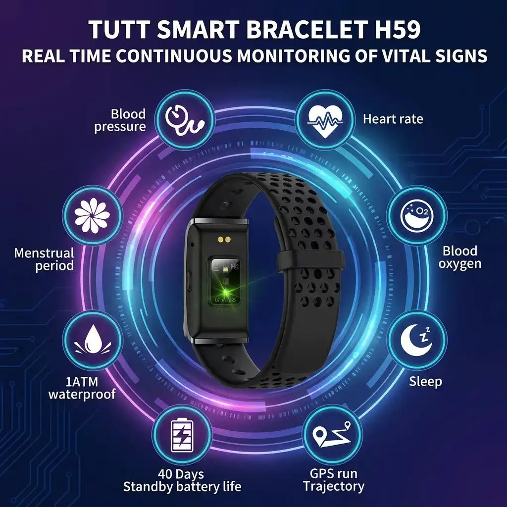 Black smart bracelet H59 with health monitoring features like heart rate, blood oxygen, sleep, blood pressure, GPS, waterproof, and long battery life, surrounded by feature icons, on a digital background. TUTT