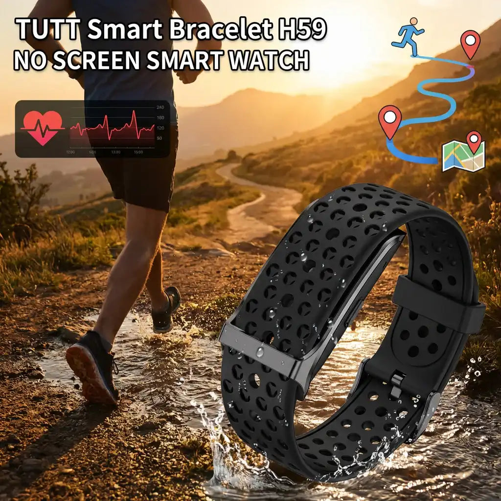 Black perforated waterproof smart bracelet H59 with runner, GPS and heart rate icons, outdoor trail. TUTT