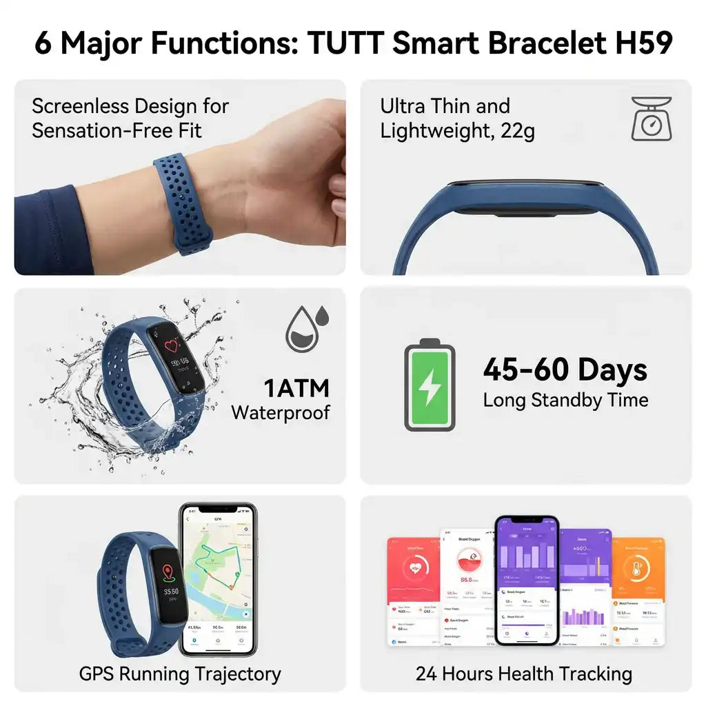 TUTT Smart Bracelet H59 features shown: screenless design, ultra thin, waterproof, GPS running, long battery life, 24-hour health tracking. TUTT