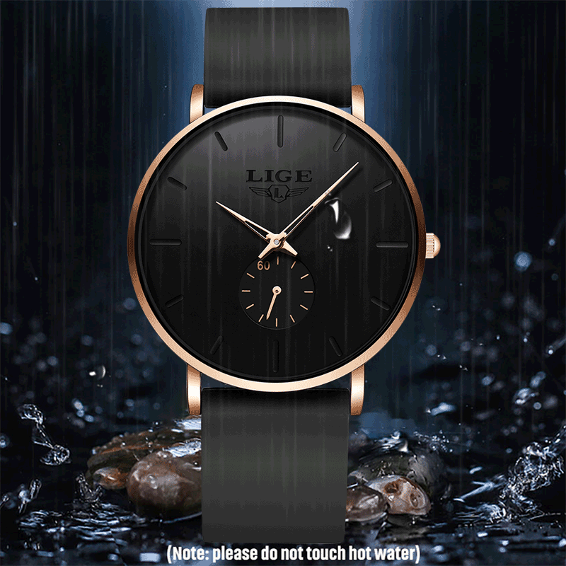 LIGE black waterproof wristwatch with gold trim in rain, water-resistant men's watch TUTT