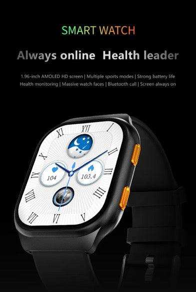 Modern black smartwatch with health tracking features and AMOLED HD screen, promotional display. TUTT
