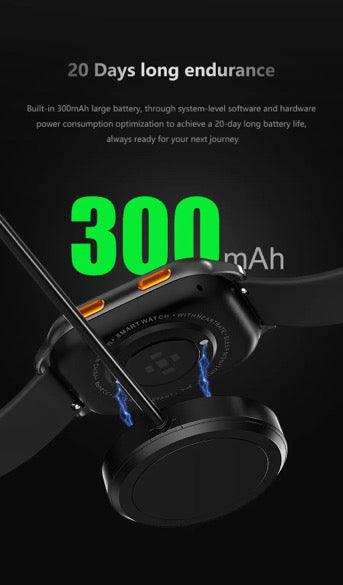 Smartwatch with charging dock showing 300mAh battery and 20 days endurance, black background TUTT