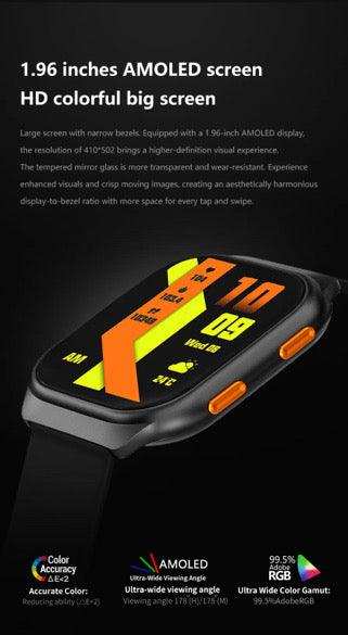 Smartwatch with 1.96-inch AMOLED display, vibrant orange digital watch face, black strap, HD screen. TUTT