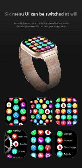Smartwatch with gold band and six colorful menu UI options displayed, fitness and health icons visible. TUTT