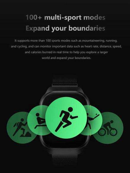 Smartwatch displaying 100+ multi-sport modes icons for running, cycling, and fitness. TUTT
