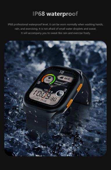 Black waterproof smartwatch with digital display in splashing water, IP68 rating TUTT