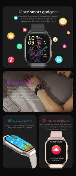 Smartwatch with colorful display showing features like sleep tracking, games, and cycle tracking TUTT