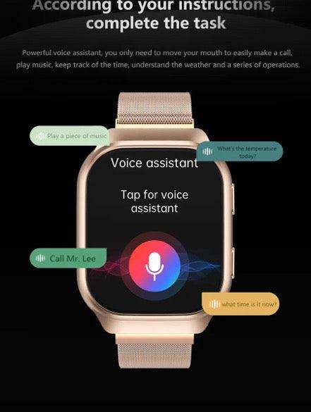 Smartwatch with pink band displaying voice assistant and command options on screen, TUTT
