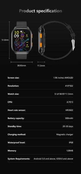 Smartwatch with 1.96 inch AMOLED display and specs chart, black background. TUTT