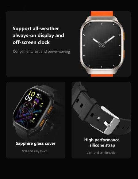 Smartwatch with always-on display, sapphire glass cover, silicone strap, and orange accents TUTT