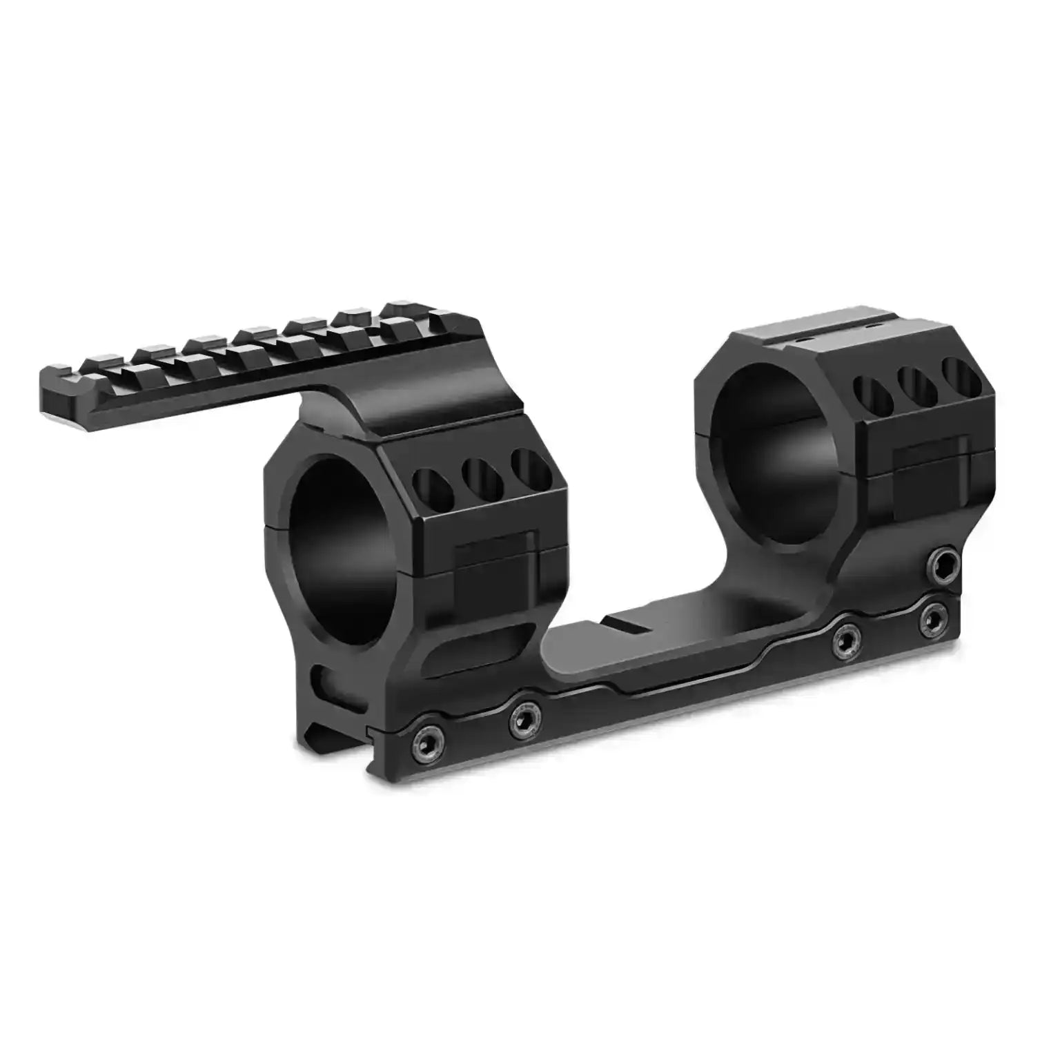 Black tactical scope mount with accessory rail for rifle optics, isolated on white TUTT
