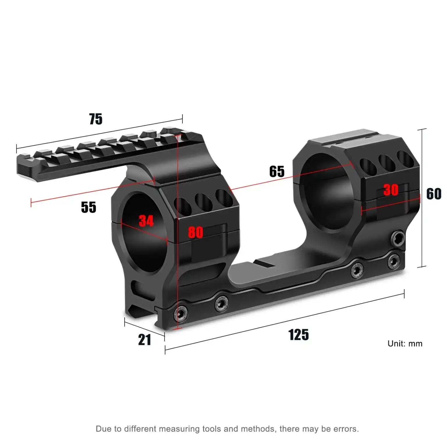 34mm tactical precision rifle scope mount with integrated level and top Picatinny rail, dimensions shown, TUTT