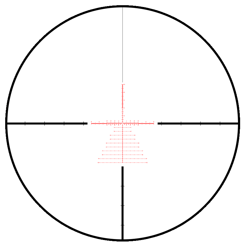 First focal plane rifle scope illuminated reticle with detailed red markings, black crosshairs. TUTT