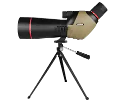 Spotting scope with angled eyepiece on tripod, black and khaki body, outdoor optics TUTT